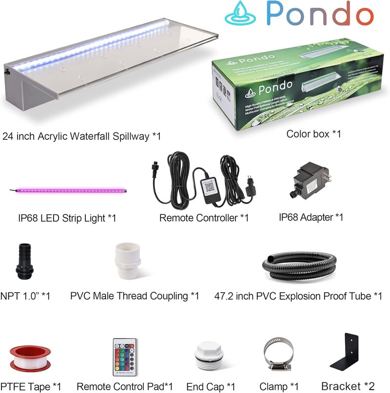 PONDO 24'' APP Control Waterfall Spillway with RGB LED Lights, Acrylic Pond Fountain Set for Outdoor Decorations, Patio Pool Kit on The Wall for Garden w/16 Color Changing, Easy Installation - Image 2